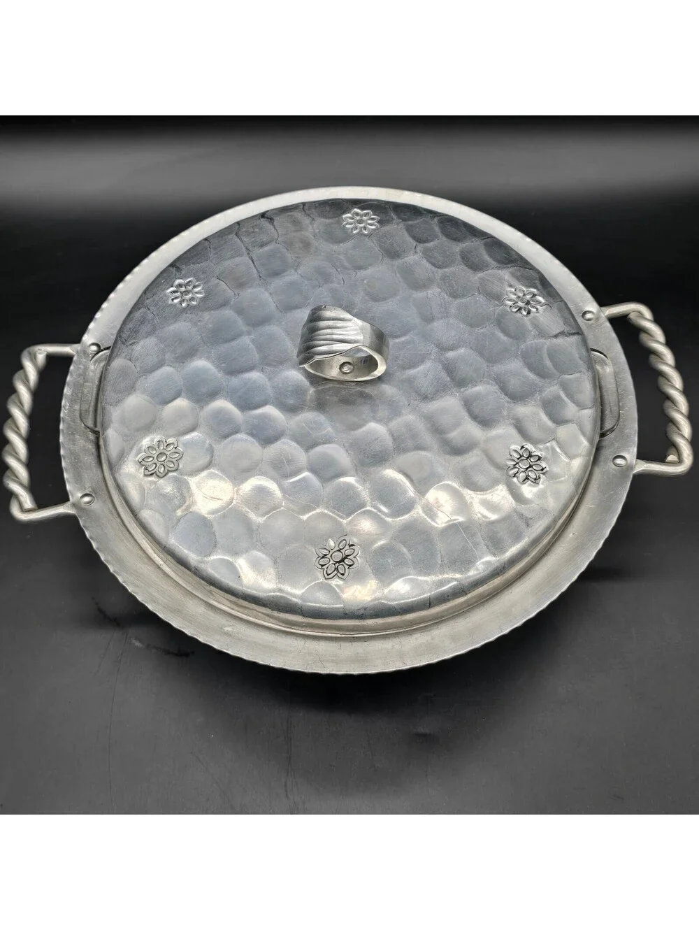 Mid Century Buenilum Hand Wrought Aluminum Covered Serving Dish Pyrex Insert